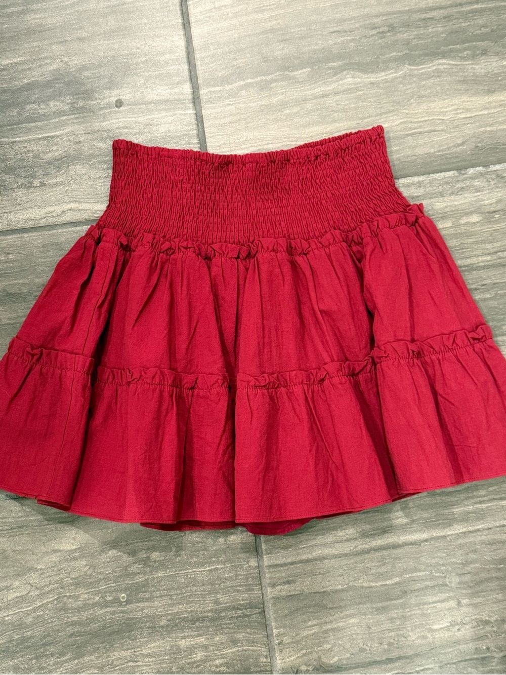 Red Tiered Mini Skirt - Women's Flared Smocked Waist